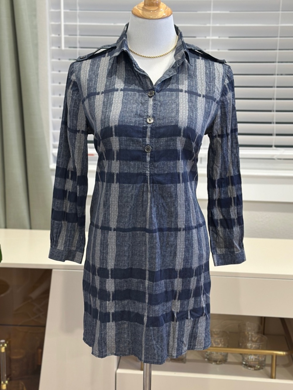 Burberry Blue Plaid Button-Up Tunic Shirt